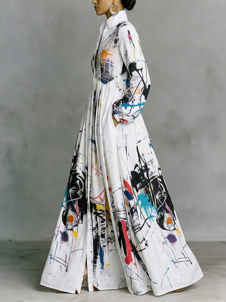 Vestido Maxi Camisero Estampado Con Bolsillos Y Cuello Mao