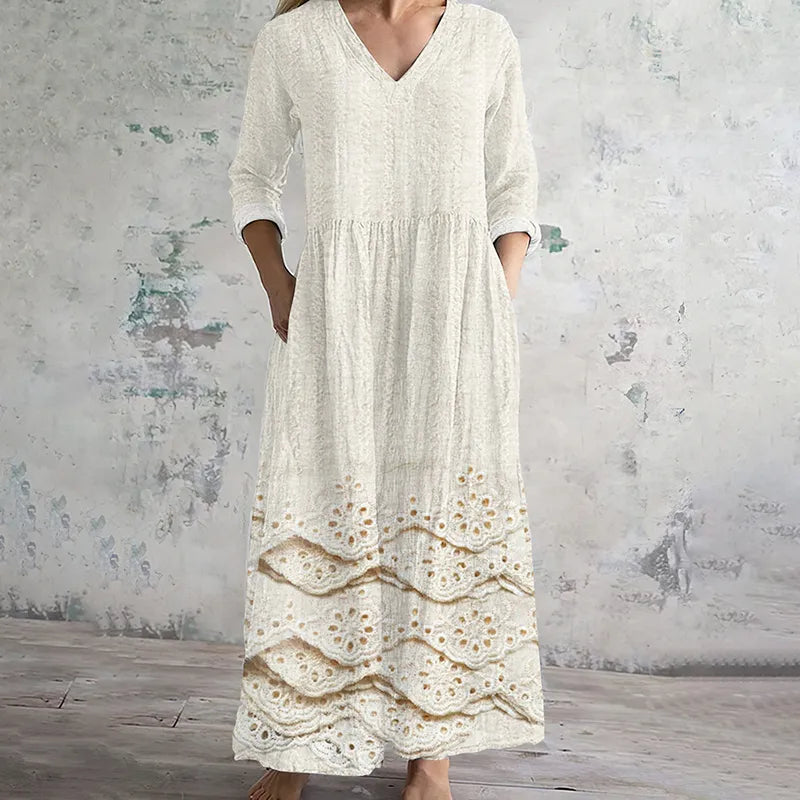 Vestido Largo de Lino Vintage con Encaje Floral Bordado