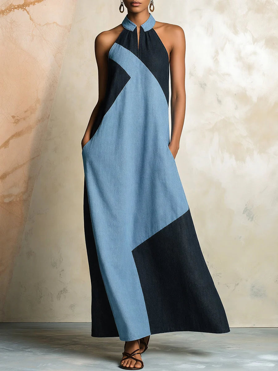 Vestido Maxi Holgado Sin Mangas Con Cuello Halter, Cremallera, Bolsillos Y Color En Contraste