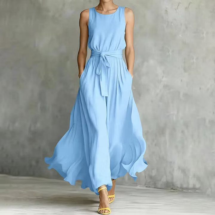 Vestido Maxi Elegante Sin Mangas Con Cuello Redondo Color Sólido Y Cintura Ajustada Con Cordones