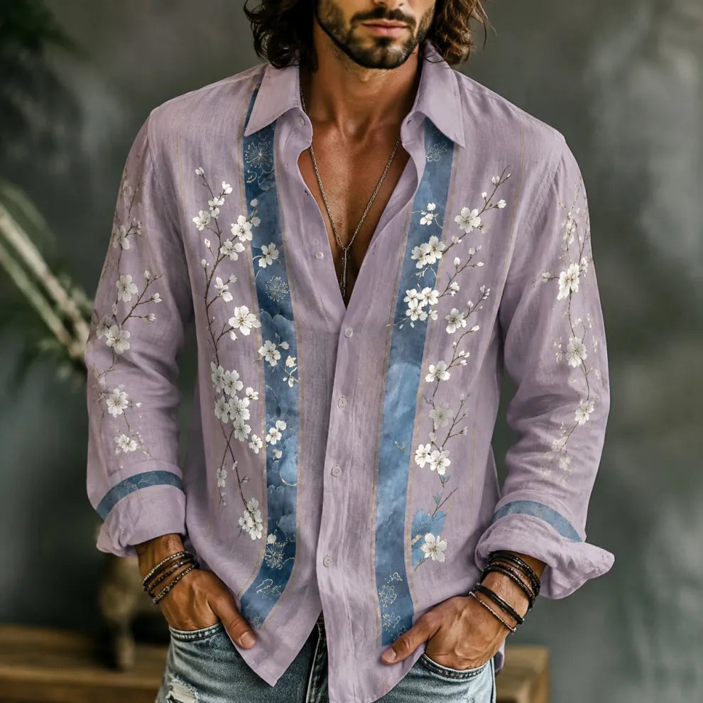 Men's Retro Boho Striped Color Block Shirt - Japanese Cherry Blossom Print Long Sleeve