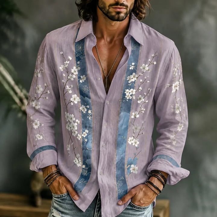 Men's Retro Boho Striped Color Block Shirt - Japanese Cherry Blossom Print Long Sleeve
