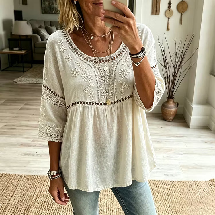 Blusa Manga 3/4 Con Bordado De Motivos Florales Y Libélulas Estilo Hippie Vintage En Algodón