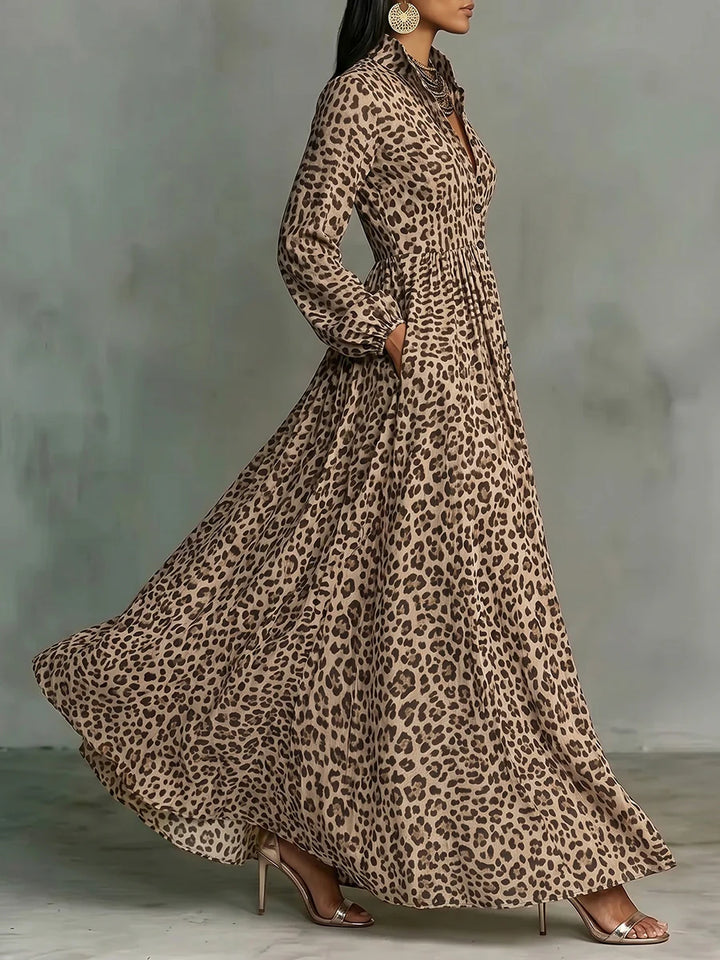 Vestido Maxi Linha A Manga Comprida Leopardo Abotoado Lapela Bolsos Cor Contraste