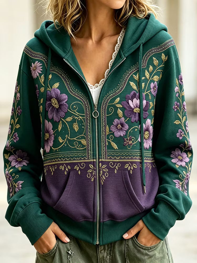 Sudadera Retro Con Capucha - Estampado Floral Art Color Block Cremallera Manga Caída