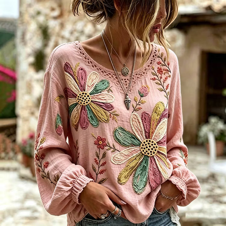 Blusa Informal Manga Larga Con Estampado Floral Retro En Algodón