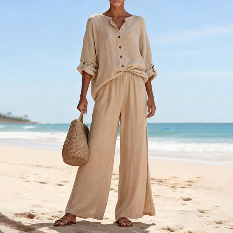 CONJUNTO FEMENINO VINTAGE DE DOS PIEZAS EN LINO: CAMISA Y PANTALÓN