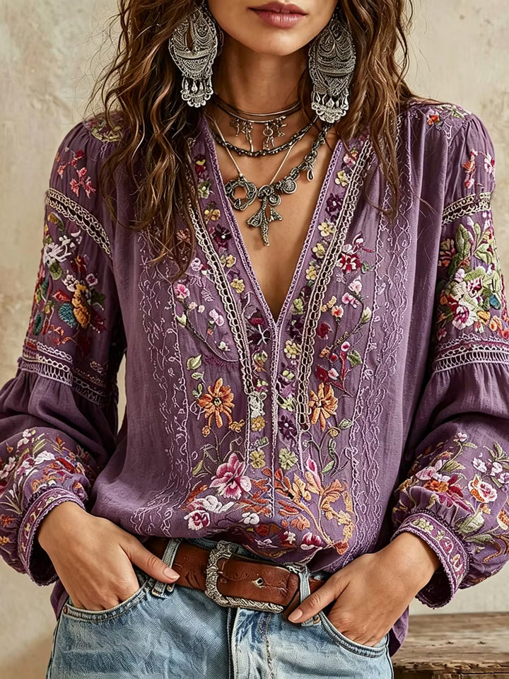 Camisa Holgada Manga Larga Con Cuello En V Y Bordado De Arte Floral Degradado Púrpura Vintage