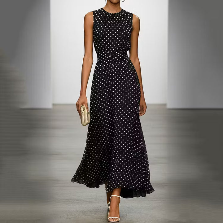 Vestido Elegante Sin Mangas Con Lunares De Estilo Francés Hasta El Tobillo
