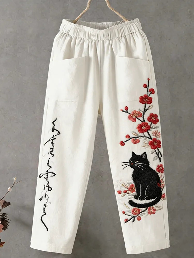 Calças Compridas Casuais de Linho Estampado Gato e Flores