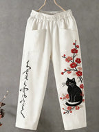 Pantalón largo casual lino estampado gato y flores