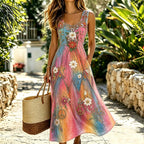 Vestido casual sin mangas con estampado floral hippie y símbolo de la paz