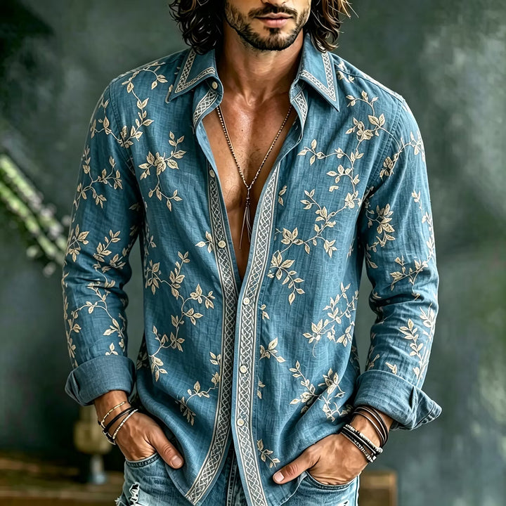 Camisa Hombre Manga Larga Estampado Floral Retro Algodón Lino