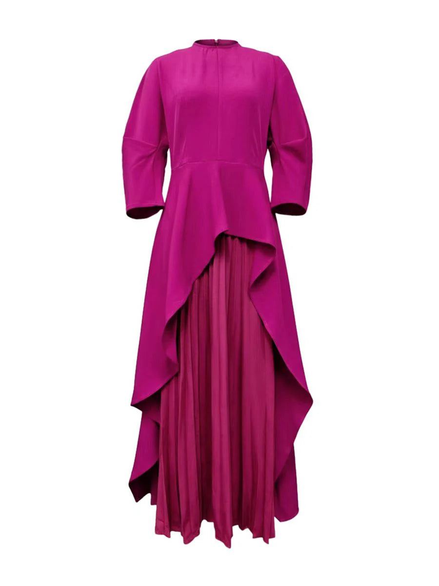 VESTIDO MAXI PLISSADO EM CAMADAS COM MANGA LONGA SOLTA E COR SÓLIDA