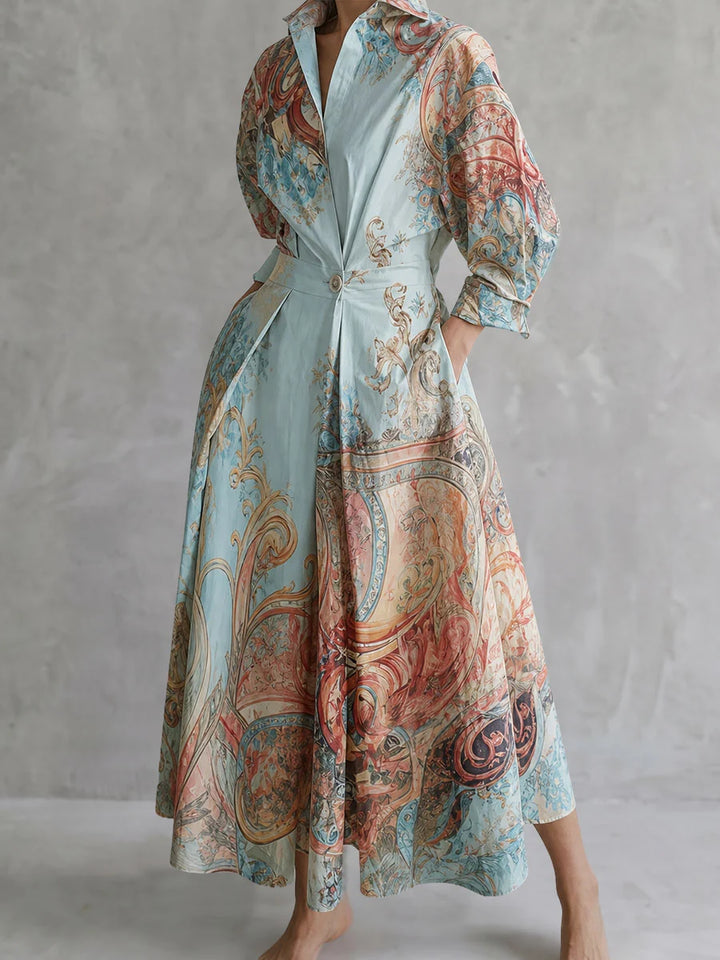 Vestido Maxi Camisero Estampado Con Bolsillos, Botones En Color Contrastante, Manga Tres Cuartos Y Lapela
