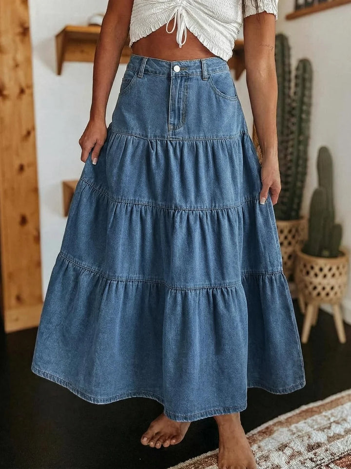 VERNA | HIGH-WAISTED DENIM MAXI SKIRT WITH RUFFLES AND POCKETS