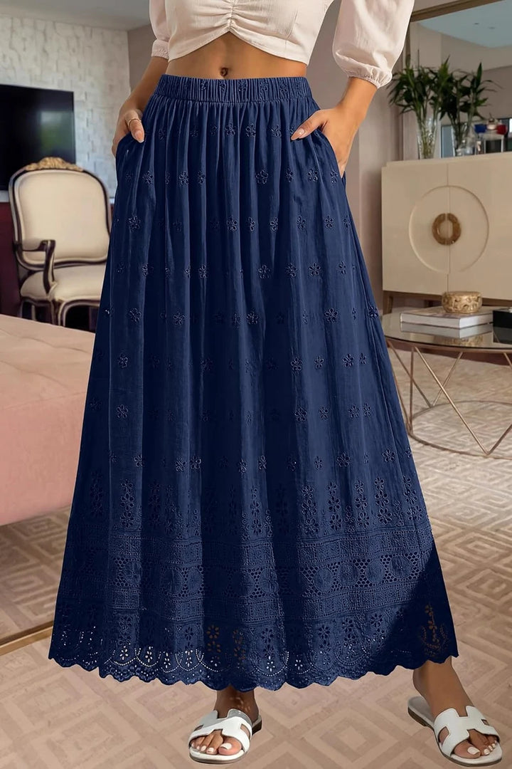 Marie - Falda Maxi Femenina Boho Cintura Alta Elástica Algodón Bordado Corte A-line