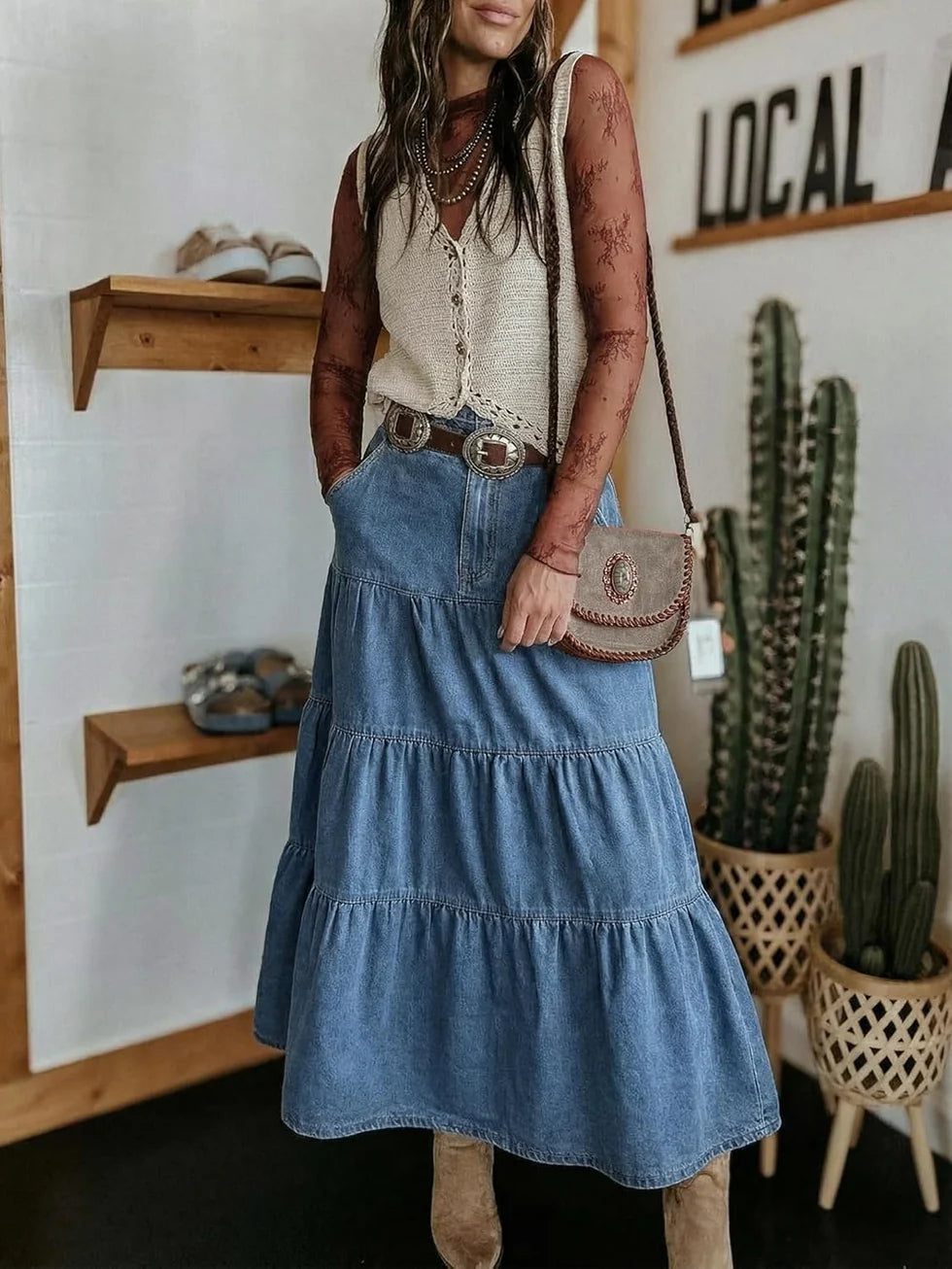 VERNA | HIGH-WAISTED DENIM MAXI SKIRT WITH RUFFLES AND POCKETS