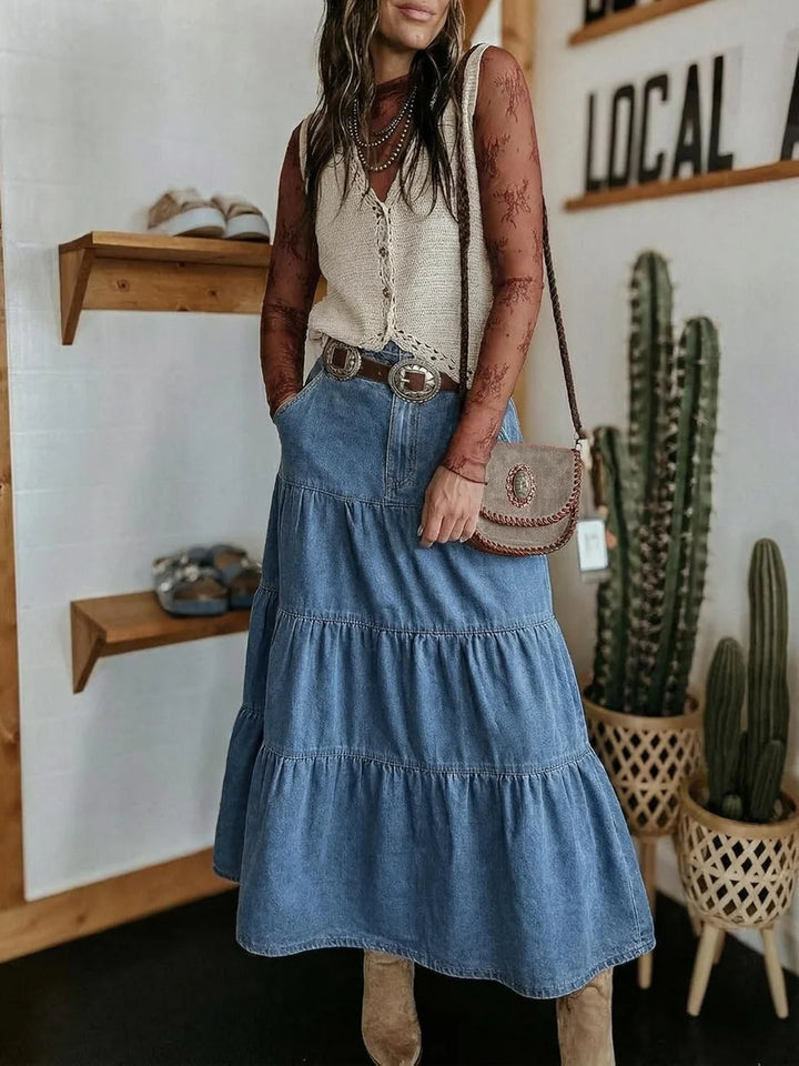 VERNA | HIGH-WAISTED DENIM MAXI SKIRT WITH RUFFLES AND POCKETS