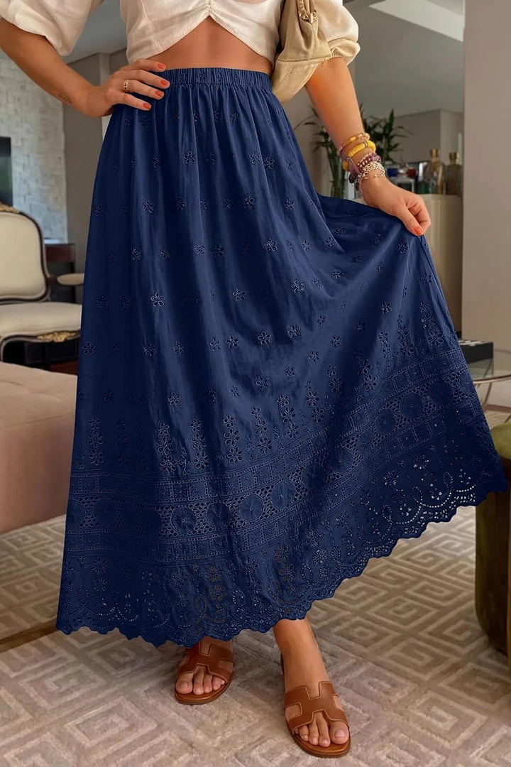 Marie - Falda Maxi Femenina Boho Cintura Alta Elástica Algodón Bordado Corte A-line