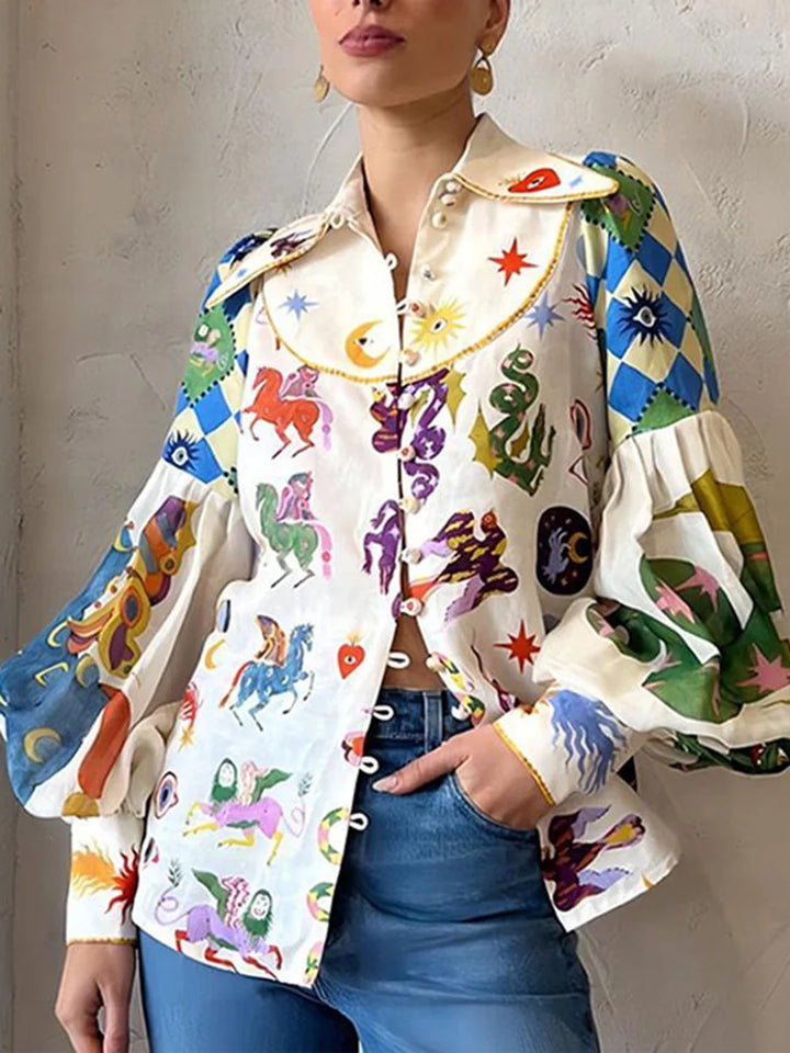 Blusa Camisa Manga Larga Con Solapa Mangas Abullonadas Y Botones En Colores Contrastantes Estampada