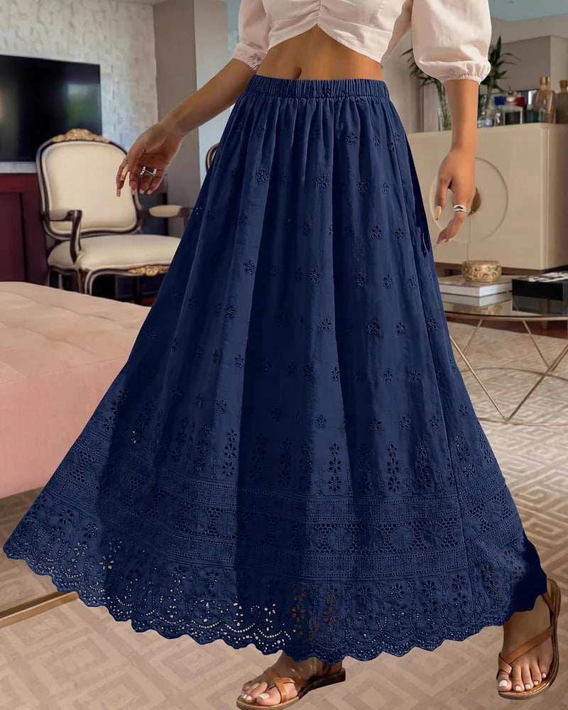 Marie - Falda Maxi Femenina Boho Cintura Alta Elástica Algodón Bordado Corte A-line