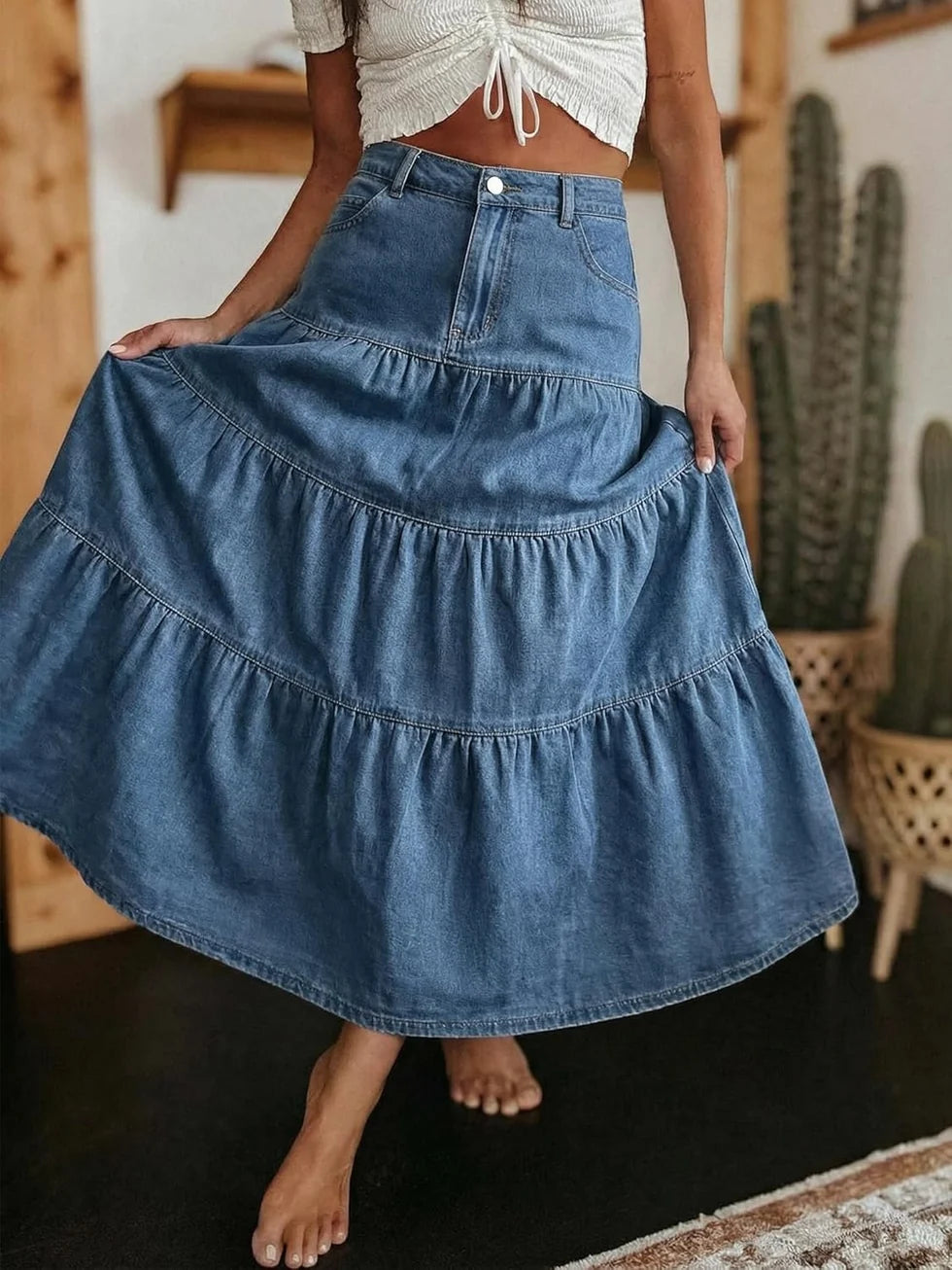 VERNA | HIGH-WAISTED DENIM MAXI SKIRT WITH RUFFLES AND POCKETS