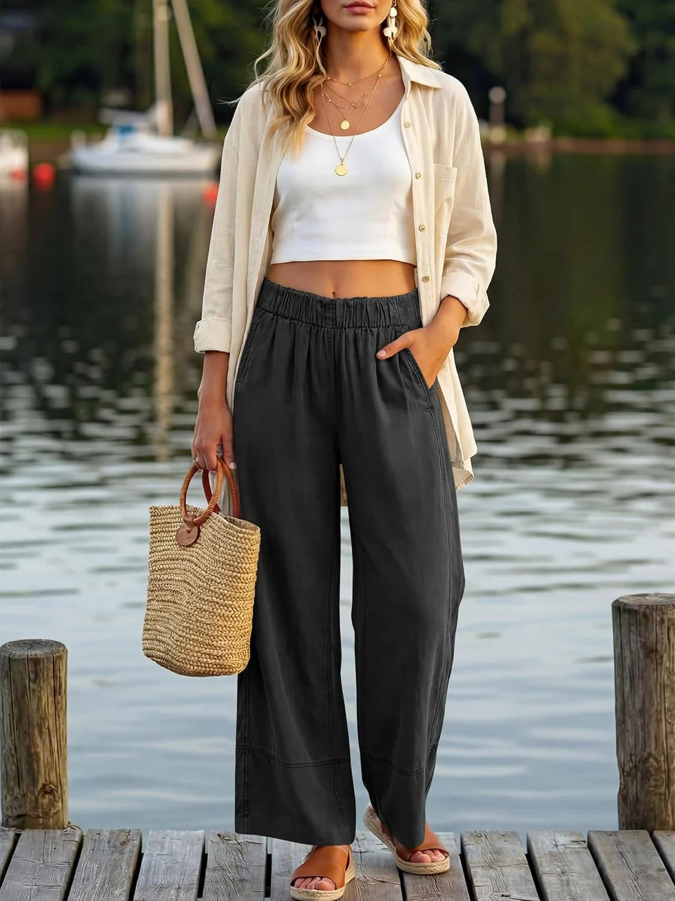 Jessica | Pantalones Palazzo Femeninos – Lino Ancho Con Cintura Elástica Y Bolsillos Bohemios