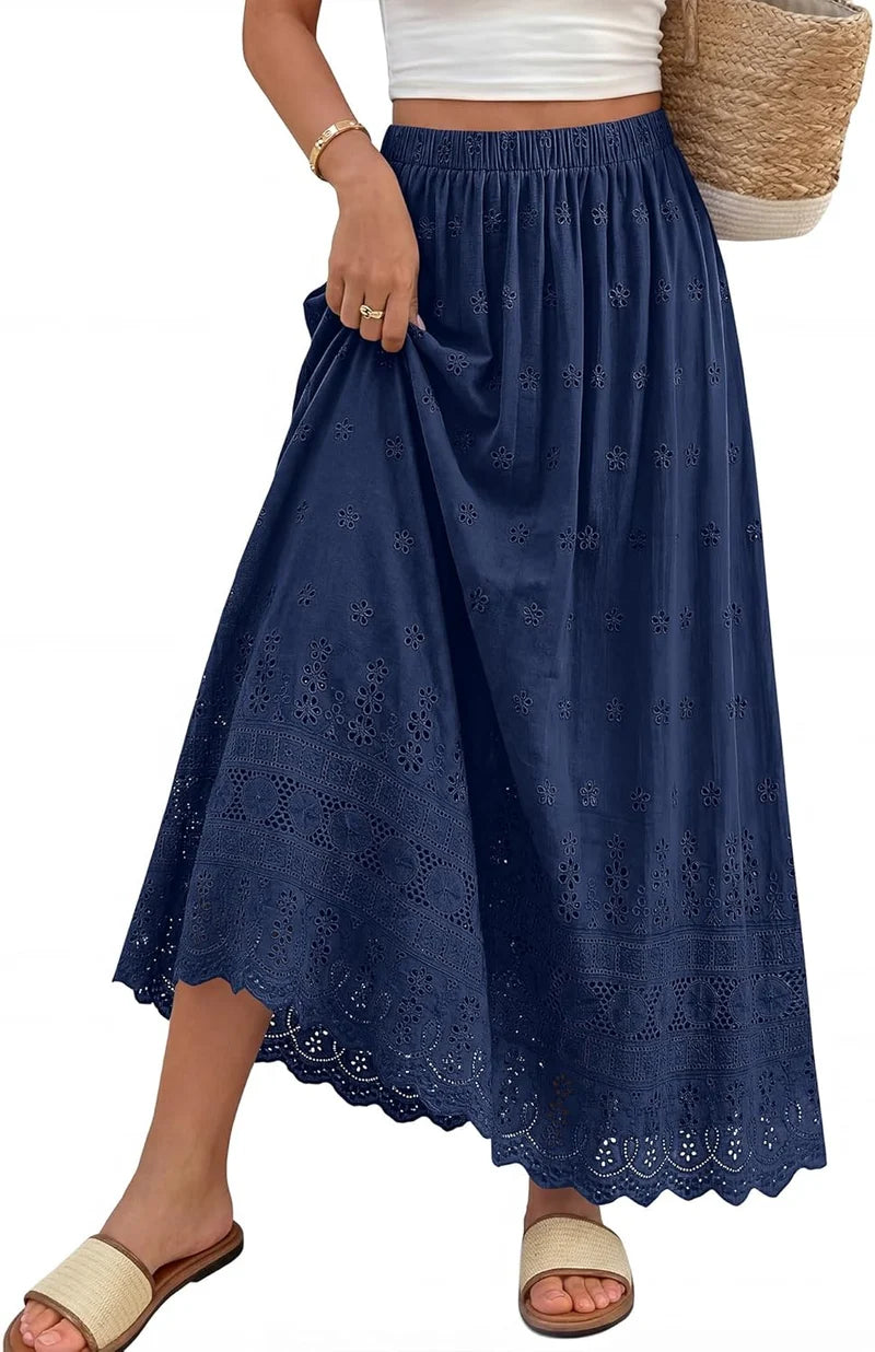 Marie - Falda Maxi Femenina Boho Cintura Alta Elástica Algodón Bordado Corte A-line