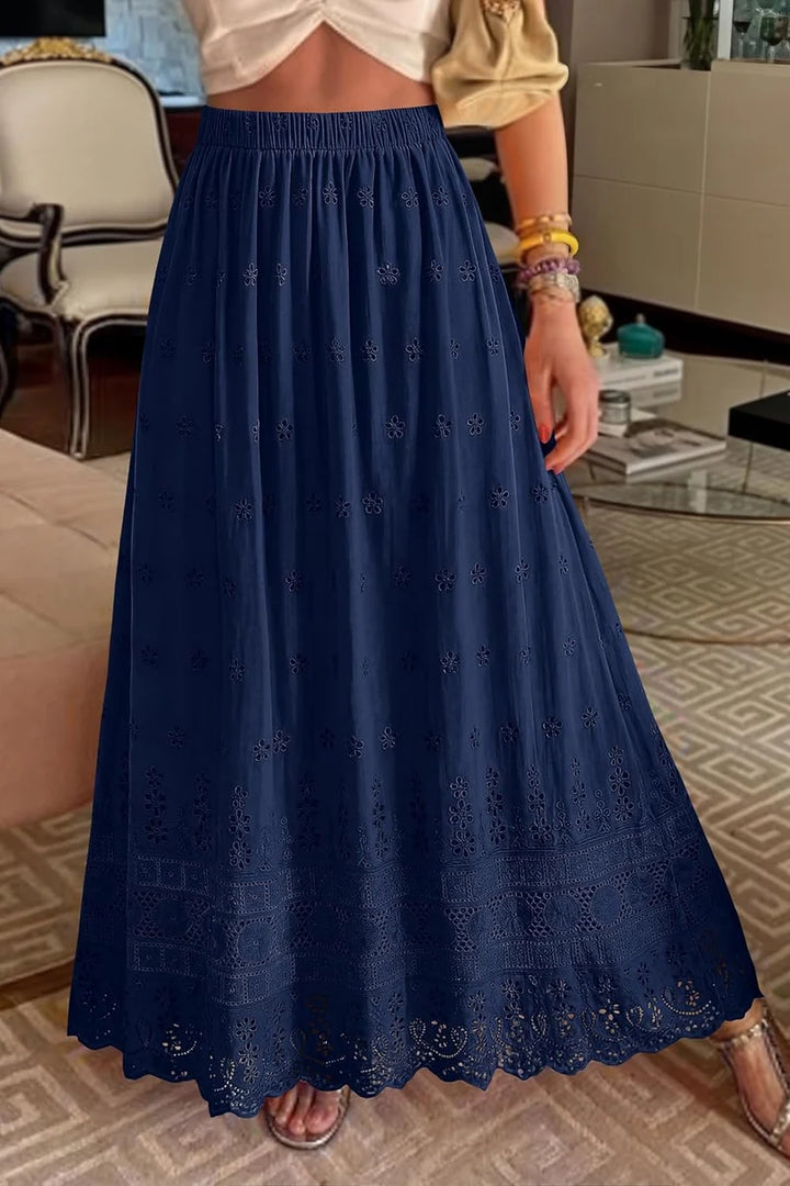 Marie - Falda Maxi Femenina Boho Cintura Alta Elástica Algodón Bordado Corte A-line