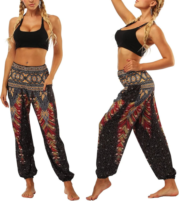 Maya | Pantalones Harem Femeninos Bohemios – Pantalones Aladino Con Cintura Fruncida Y Bolsillos