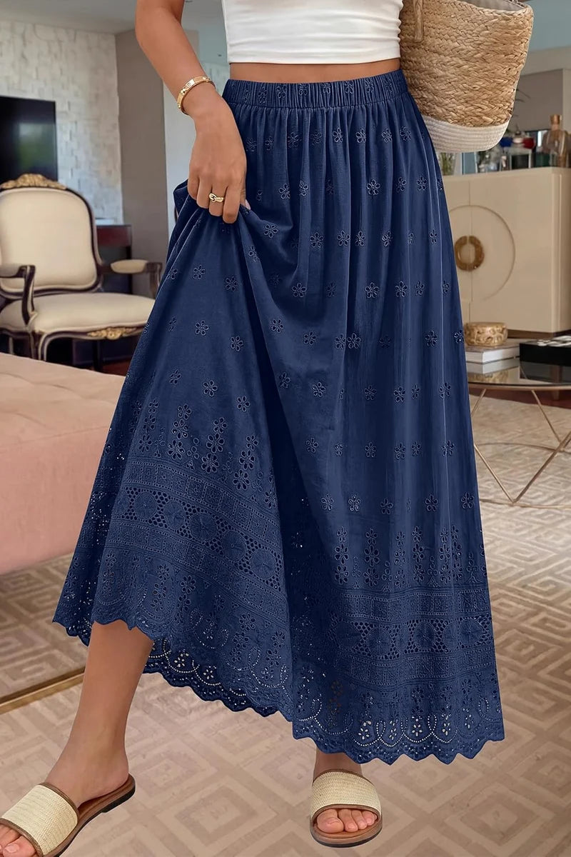 Marie - Falda Maxi Femenina Boho Cintura Alta Elástica Algodón Bordado Corte A-line