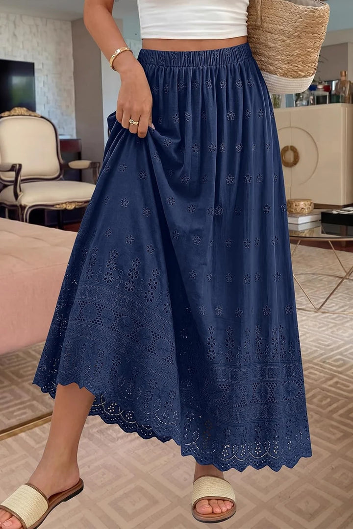 Marie - Falda Maxi Femenina Boho Cintura Alta Elástica Algodón Bordado Corte A-line