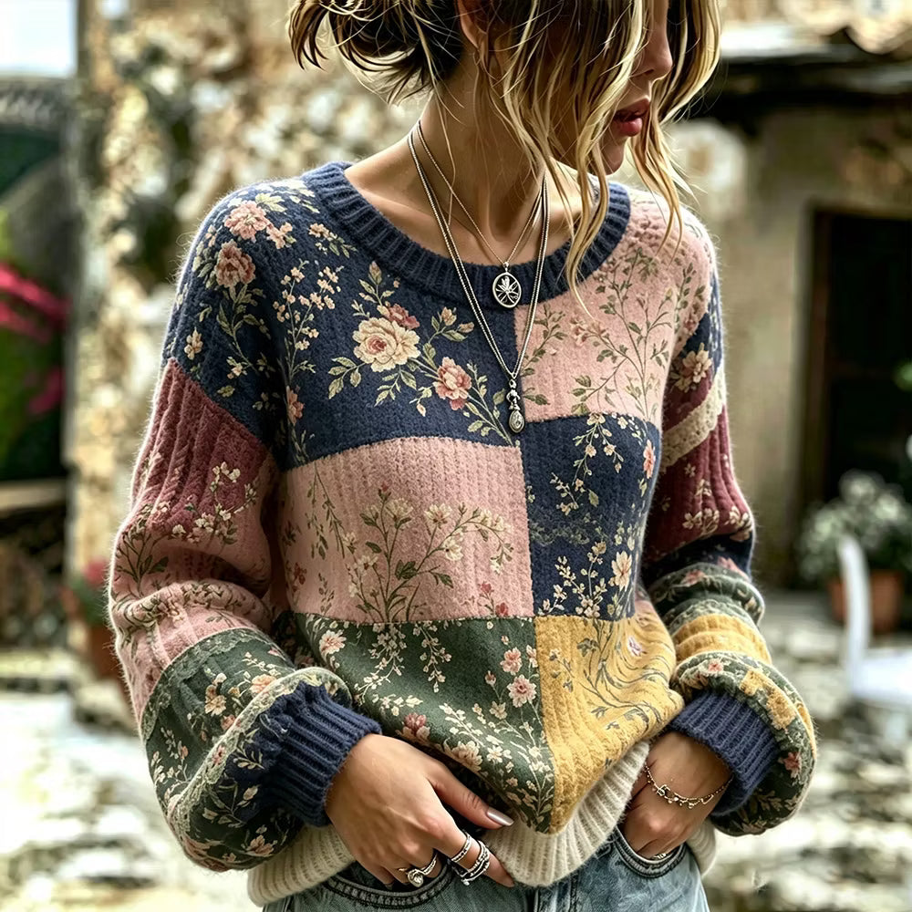 Jersey Casual De Punto Con Cuello Redondo - Estampado Floral Vintage Patchwork Rosa