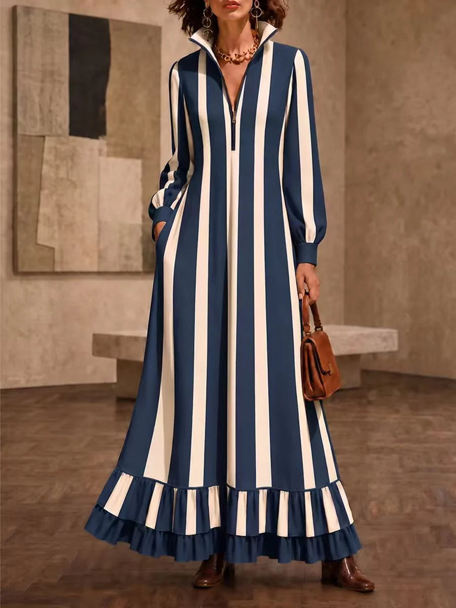 Vestido Maxi Con Cremállera, Bolsillos A Rayas Con Volantes, Manga Larga Suelta En Color Contrastante Y Cuello Alto