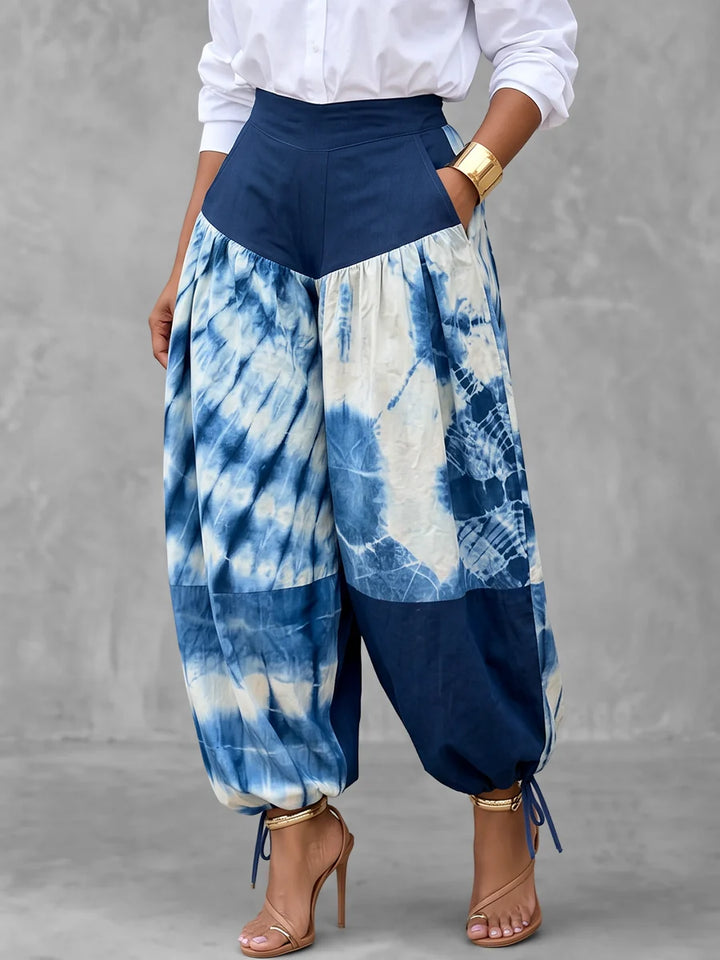 Pantalón De Cintura Alta Con Estampado En Colores Contrastantes Y Amarre En El Tobillo