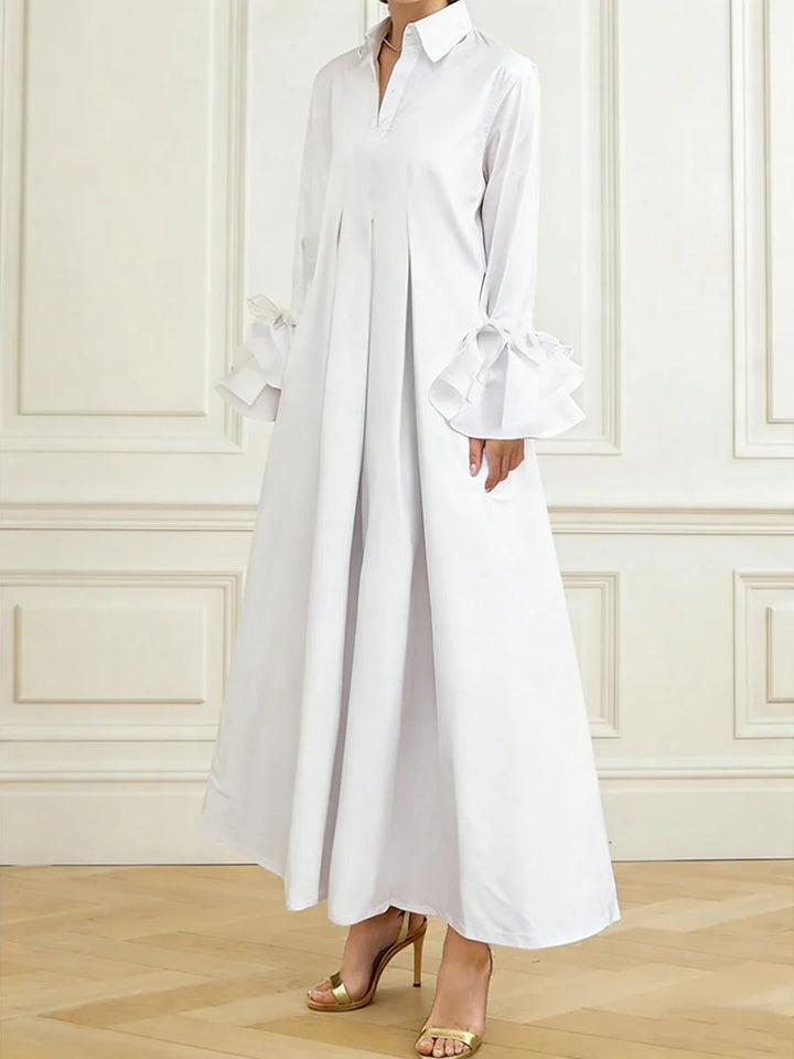 Vestido Maxi Camisero Plisado Manga Larga Con Solapa