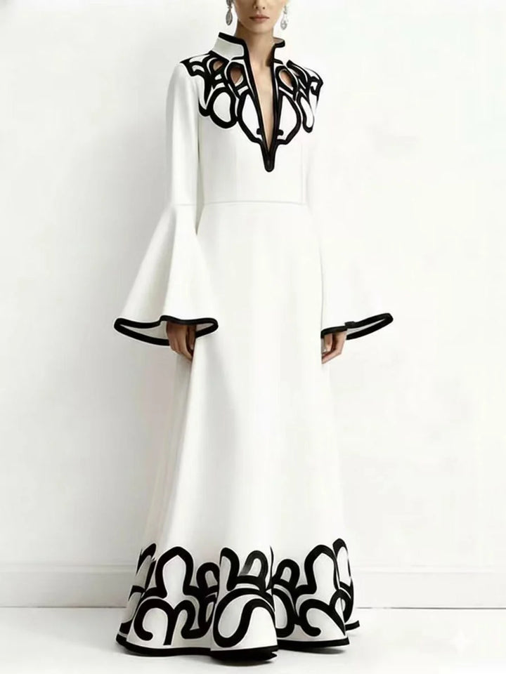 VESTIDO COMPRIDO GOLA ALTA EM A MANGA COMPRIDA ESTAMPADO ABSTRATO COR CONTRASTE