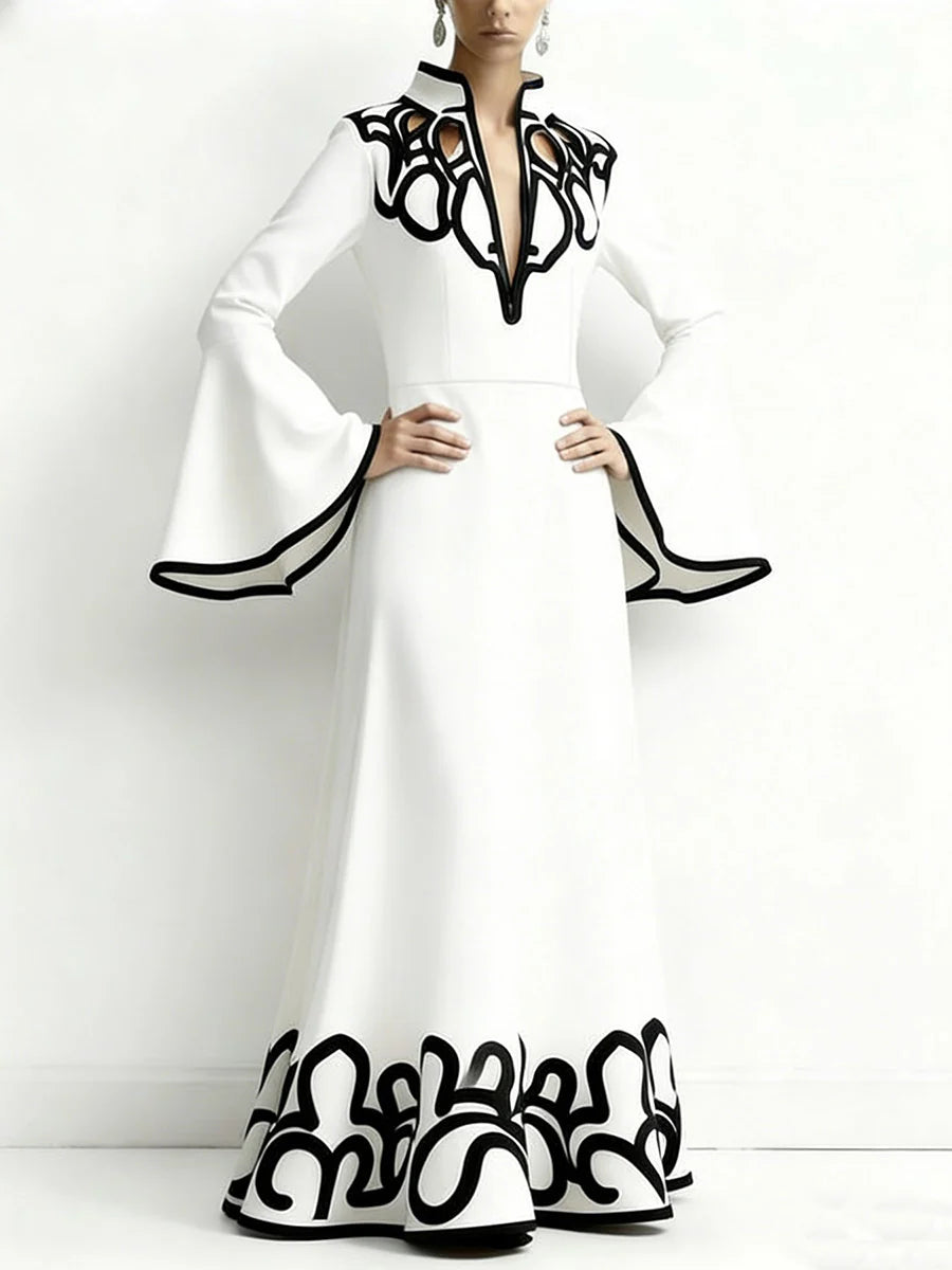 VESTIDO COMPRIDO GOLA ALTA EM A MANGA COMPRIDA ESTAMPADO ABSTRATO COR CONTRASTE