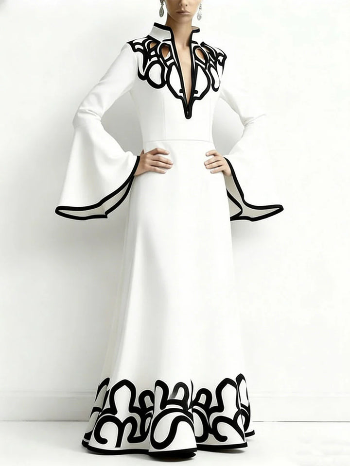 VESTIDO COMPRIDO GOLA ALTA EM A MANGA COMPRIDA ESTAMPADO ABSTRATO COR CONTRASTE