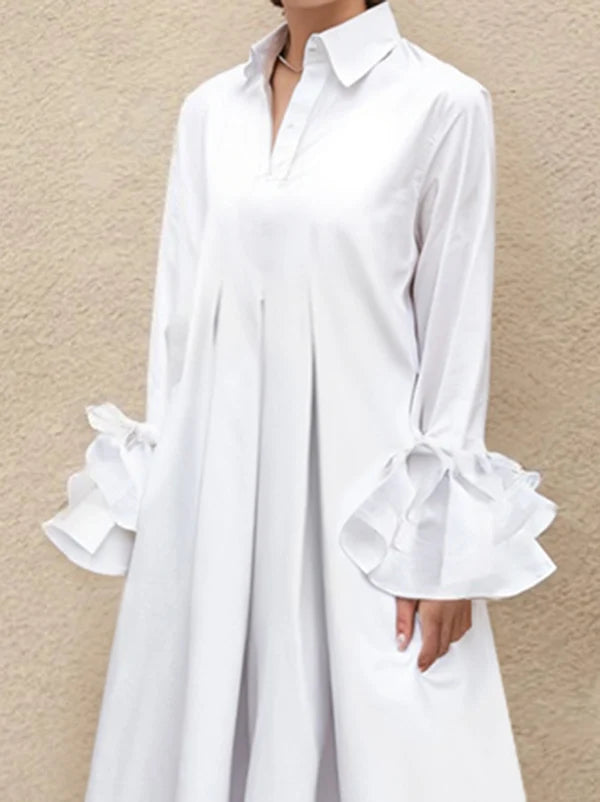 Vestido Maxi Camisero Plisado Manga Larga Con Solapa