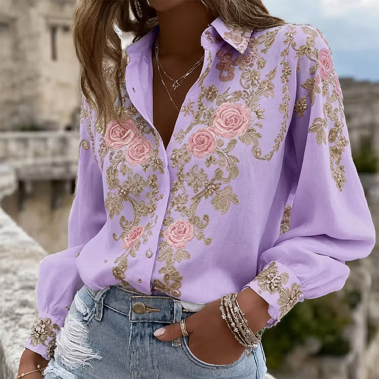 Long Sleeve Shirt with Artistic Rose Embroidery and Vintage Style Buttons