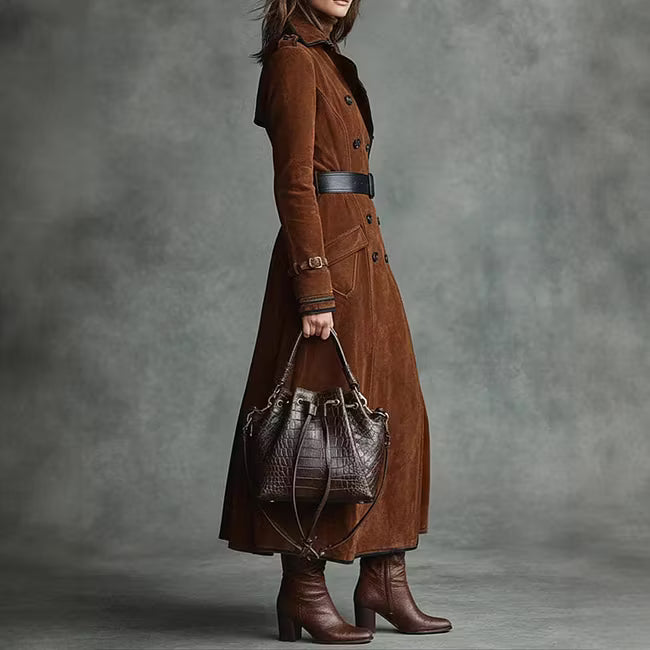 Trench Coat Vintage Estilo Western Con Solapa Y Botones En Ante