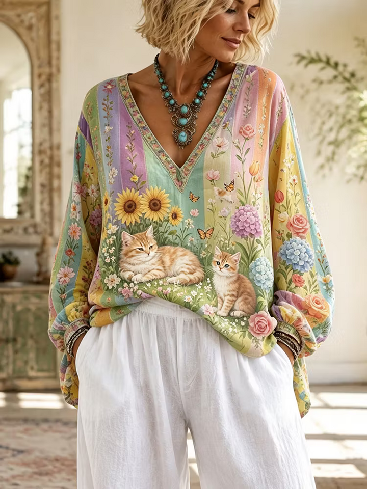Blusa Boho Cuello En V - Estampado Art Rayas Gato Y Girasol Manga Larga