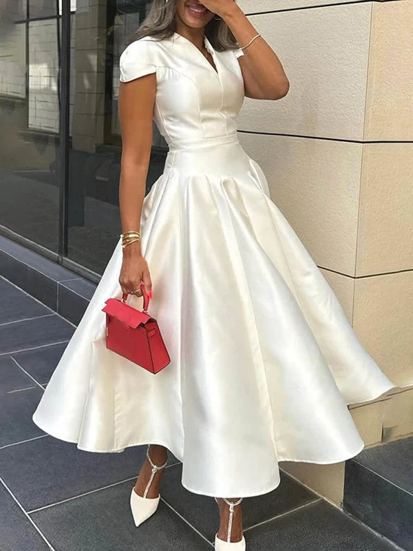 VESTIDO MIDI MANGA CORTA COLOR SOLIDO CON ESCOTE EN V MUJER