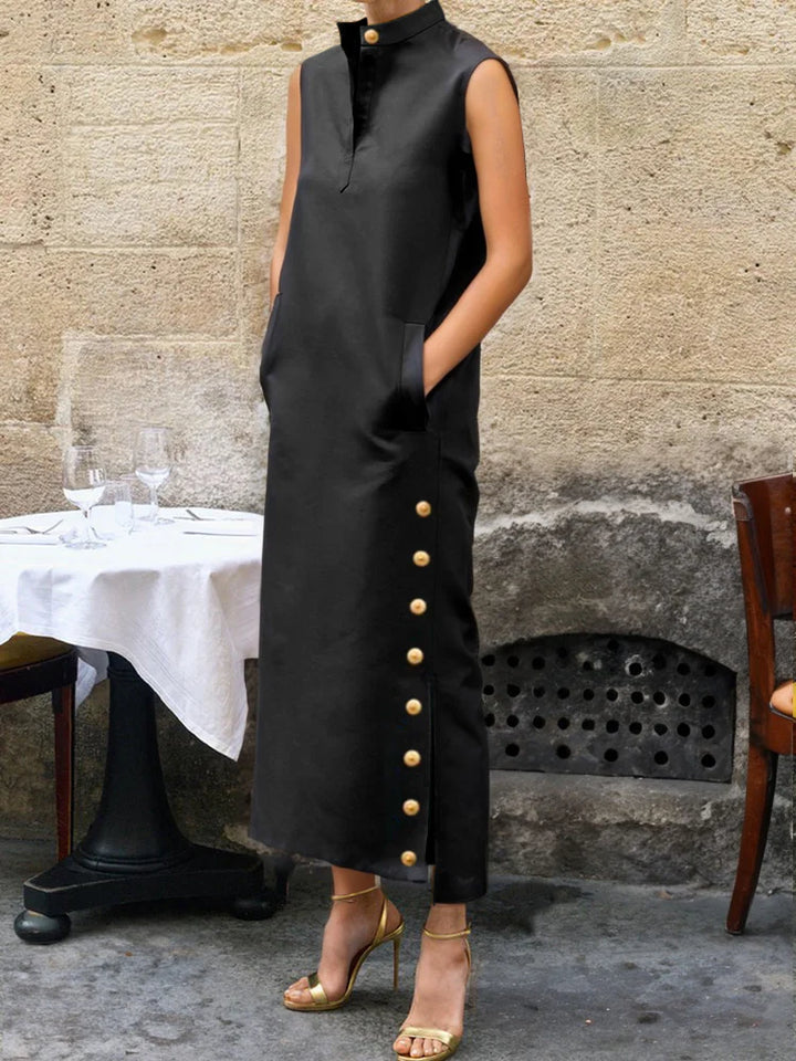 Vestido Maxi Camisero Sin Mangas Con Botones, Color Liso, Abertura Lateral Y Cuello Mao