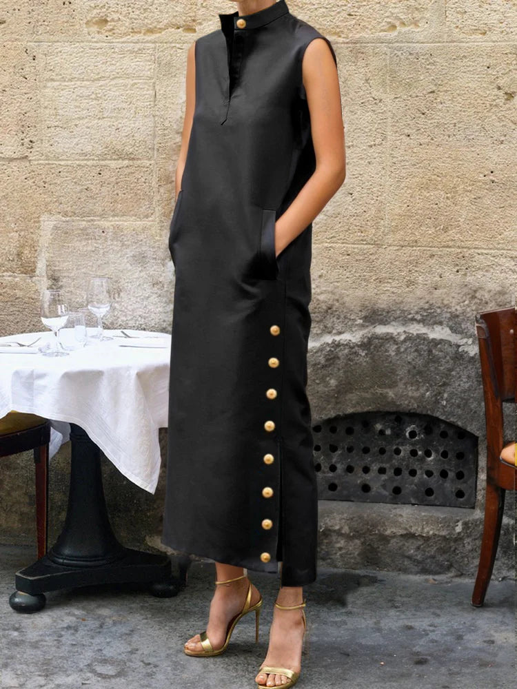 Vestido Maxi Camisero Sin Mangas Con Botones, Color Liso, Abertura Lateral Y Cuello Mao