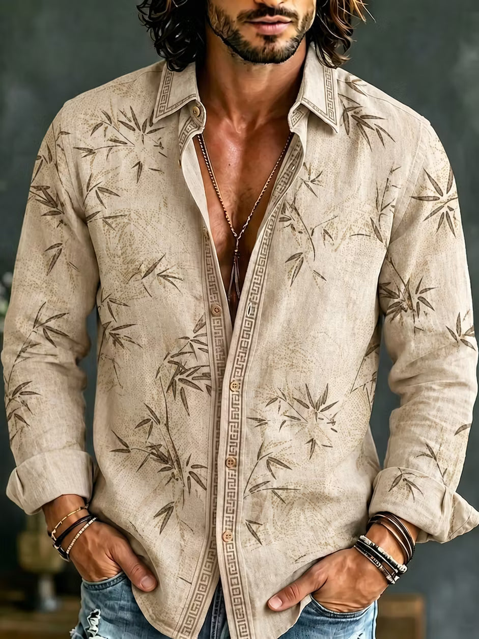 Camisa Hombre Manga Larga Estampado Bambú Japonés Retro