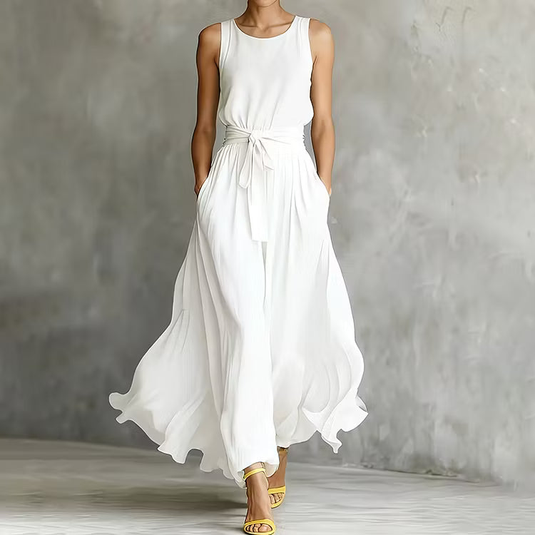 Vestido Maxi Elegante Sin Mangas Con Cuello Redondo Color Sólido Y Cintura Ajustada Con Cordones