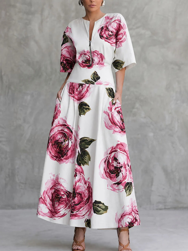 Vestido Maxi Floral De Manga Corta Con Cuello Redondo, Cintura Alta, Bolsillos Y Abertura Lateral